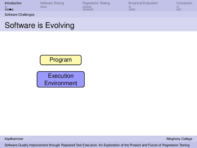 Introduction Software Testing Regression Testing Empirical Evaluation Conclusion
Software Challenges
Software is Evolving
Execution
Environment
Program
Execution
Environment
Program
Kapfhammer Allegheny College
Software Quality Improvement through Repeated Test Execution: An Exploration of the Present and Future of Regression Testing
