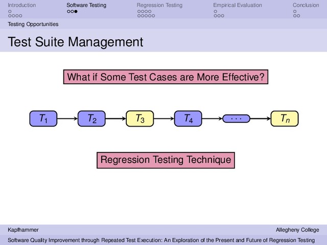 Introduction Software Testing Regression Testing Empirical Evaluation Conclusion
Testing Opportunities
Test Suite Management
T1 T2
T3 T4
. . . Tn
Regression Testing Technique
What if Some Test Cases are More Effective?
T3 Tn
Kapfhammer Allegheny College
Software Quality Improvement through Repeated Test Execution: An Exploration of the Present and Future of Regression Testing
