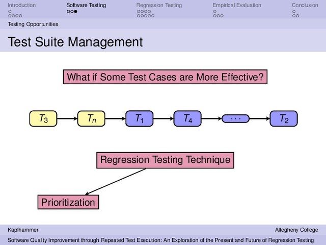 Introduction Software Testing Regression Testing Empirical Evaluation Conclusion
Testing Opportunities
Test Suite Management
T1 T2
T3 T4
. . . Tn
Regression Testing Technique
What if Some Test Cases are More Effective?
T3 Tn
Prioritization
T3 Tn T1 T4
. . . T2
Kapfhammer Allegheny College
Software Quality Improvement through Repeated Test Execution: An Exploration of the Present and Future of Regression Testing
