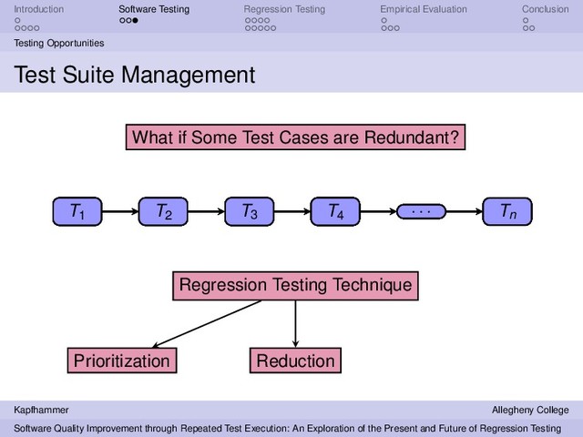 Introduction Software Testing Regression Testing Empirical Evaluation Conclusion
Testing Opportunities
Test Suite Management
T1 T2
T3 T4
. . . Tn
Regression Testing Technique
T3 Tn
Prioritization
T3 Tn T1 T4
. . . T2
T1 T2
T3 T4
. . . Tn
What if Some Test Cases are Redundant?
T1 T2
T3 T4
. . . Tn
Reduction
T4
T1 T2
T3 T4
. . . Tn
Kapfhammer Allegheny College
Software Quality Improvement through Repeated Test Execution: An Exploration of the Present and Future of Regression Testing
