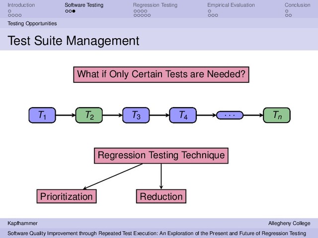 Introduction Software Testing Regression Testing Empirical Evaluation Conclusion
Testing Opportunities
Test Suite Management
T1 T2
T3 T4
. . . Tn
Regression Testing Technique
T3 Tn
Prioritization
T3 Tn T1 T4
. . . T2
T1 T2
T3 T4
. . . Tn
T1 T2
T3 T4
. . . Tn
Reduction
T4
T1 T2
T3 T4
. . . Tn
What if Only Certain Tests are Needed?
T2 Tn
Kapfhammer Allegheny College
Software Quality Improvement through Repeated Test Execution: An Exploration of the Present and Future of Regression Testing
