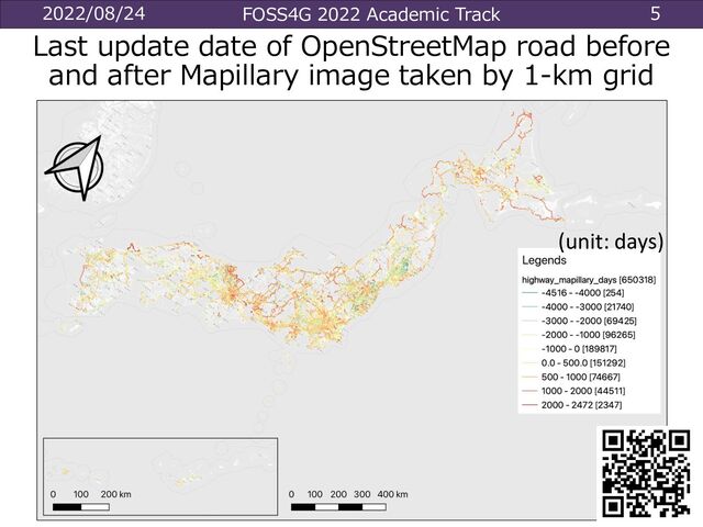 2022/08/24 FOSS4G 2022 Academic Track 5
Last update date of OpenStreetMap road before
and after Mapillary image taken by 1-km grid
(unit: days)
