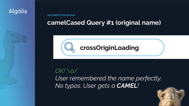 DOCUMENTATION SEARCH
camelCased Query #1 (original name)
crossOriginLoading|
OK! \o/
User remembered the name perfectly.
No typos. User gets a CAMEL!
