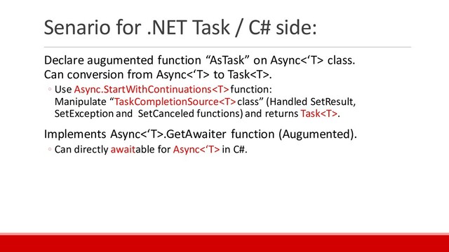 Senario for .NET Task / C# side:
Declare augumented function “AsTask” on Async<‘T> class.
Can conversion from Async<‘T> to Task.
◦ Use Async.StartWithContinuationsfunction:
Manipulate “TaskCompletionSource class” (Handled SetResult,
SetException and SetCanceled functions) and returns Task.
Implements Async<‘T>.GetAwaiter function (Augumented).
◦ Can directly awaitable for Async<‘T> in C#.
