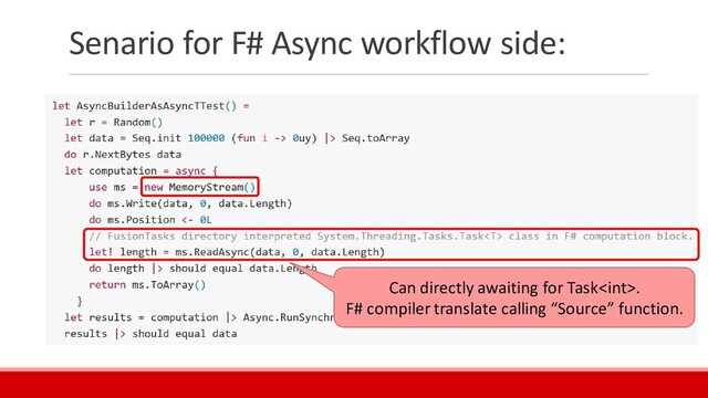 Senario for F# Async workflow side:
Can directly awaiting for Task.
F# compiler translate calling “Source” function.
