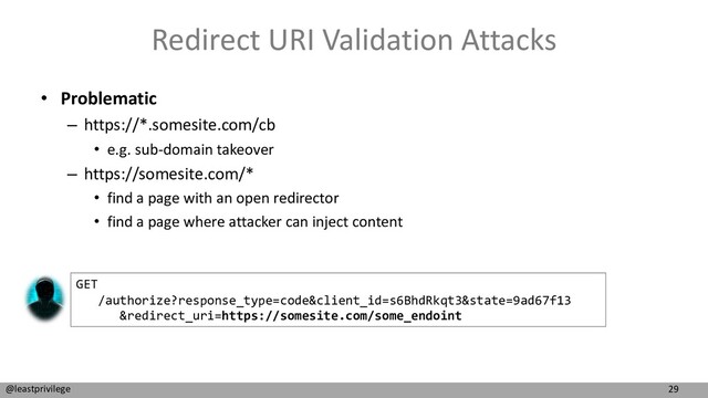 29
@leastprivilege
Redirect URI Validation Attacks
• Problematic
– https://*.somesite.com/cb
• e.g. sub-domain takeover
– https://somesite.com/*
• find a page with an open redirector
• find a page where attacker can inject content
GET
/authorize?response_type=code&client_id=s6BhdRkqt3&state=9ad67f13
&redirect_uri=https://somesite.com/some_endoint
