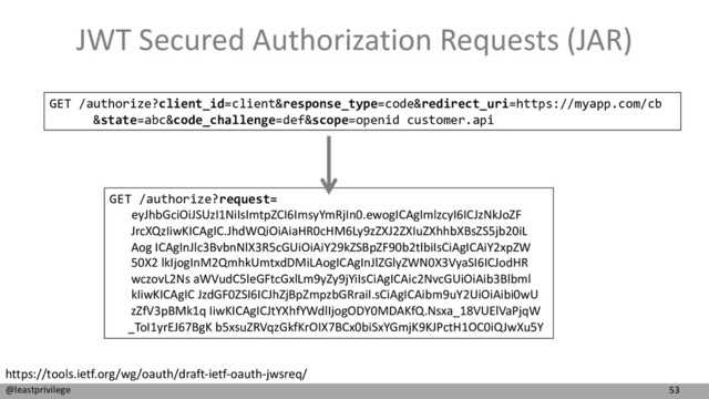 53
@leastprivilege
JWT Secured Authorization Requests (JAR)
https://tools.ietf.org/wg/oauth/draft-ietf-oauth-jwsreq/
GET /authorize?client_id=client&response_type=code&redirect_uri=https://myapp.com/cb
&state=abc&code_challenge=def&scope=openid customer.api
GET /authorize?request=
eyJhbGciOiJSUzI1NiIsImtpZCI6ImsyYmRjIn0.ewogICAgImlzcyI6ICJzNkJoZF
JrcXQzIiwKICAgIC.JhdWQiOiAiaHR0cHM6Ly9zZXJ2ZXIuZXhhbXBsZS5jb20iL
Aog ICAgInJlc3BvbnNlX3R5cGUiOiAiY29kZSBpZF90b2tlbiIsCiAgICAiY2xpZW
50X2 lkIjogInM2QmhkUmtxdDMiLAogICAgInJlZGlyZWN0X3VyaSI6ICJodHR
wczovL2Ns aWVudC5leGFtcGxlLm9yZy9jYiIsCiAgICAic2NvcGUiOiAib3Blbml
kIiwKICAgIC JzdGF0ZSI6ICJhZjBpZmpzbGRraiI.sCiAgICAibm9uY2UiOiAibi0wU
zZfV3pBMk1q IiwKICAgICJtYXhfYWdlIjogODY0MDAKfQ.Nsxa_18VUElVaPjqW
_ToI1yrEJ67BgK b5xsuZRVqzGkfKrOIX7BCx0biSxYGmjK9KJPctH1OC0iQJwXu5Y
