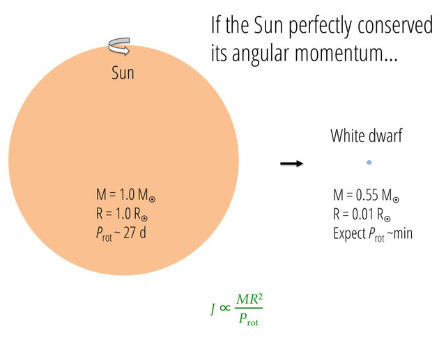J ∝
MR2
Prot
M = 1.0 M¤
R = 1.0 R¤
Prot
~ 27 d
Sun
White dwarf
M = 0.55 M¤
R = 0.01 R¤
Expect Prot
~min
If the Sun perfectly conserved
its angular momentum…
