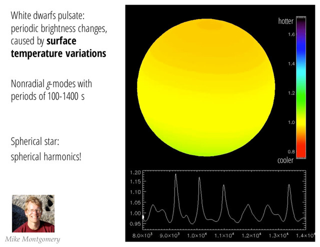 Mike Montgomery
White dwarfs pulsate:
periodic brightness changes,
caused by surface
temperature variations
Nonradial g-modes with
periods of 100-1400 s
Spherical star:
spherical harmonics!
hotter
cooler

