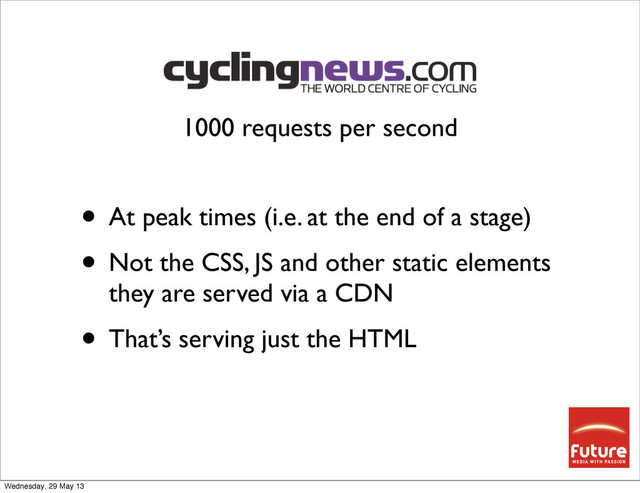• At peak times (i.e. at the end of a stage)
• Not the CSS, JS and other static elements
they are served via a CDN
• That’s serving just the HTML
1000 requests per second
Wednesday, 29 May 13
