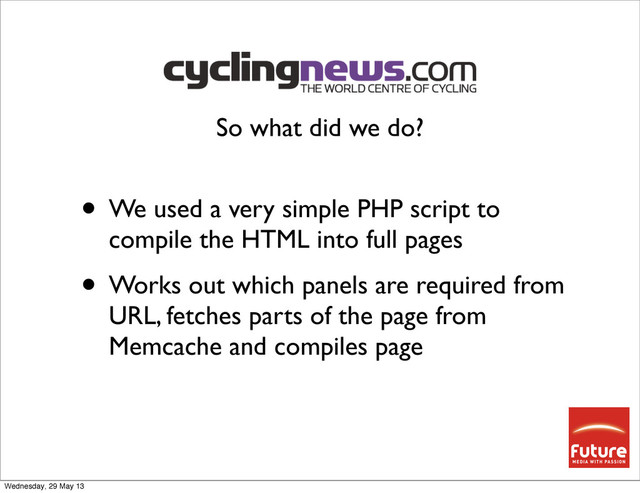 • We used a very simple PHP script to
compile the HTML into full pages
• Works out which panels are required from
URL, fetches parts of the page from
Memcache and compiles page
So what did we do?
Wednesday, 29 May 13

