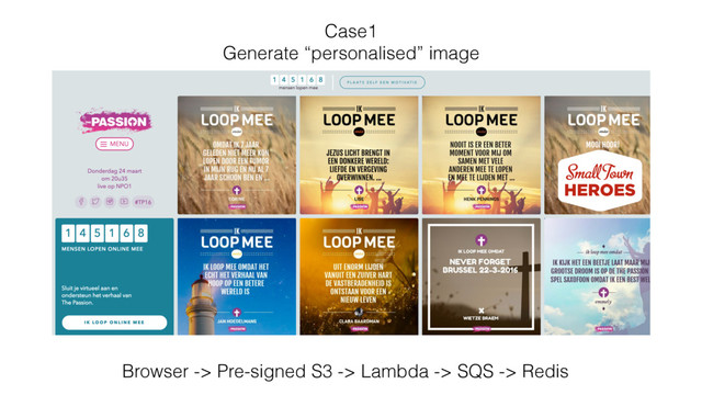 Case1
Generate “personalised” image
Browser -> Pre-signed S3 -> Lambda -> SQS -> Redis
