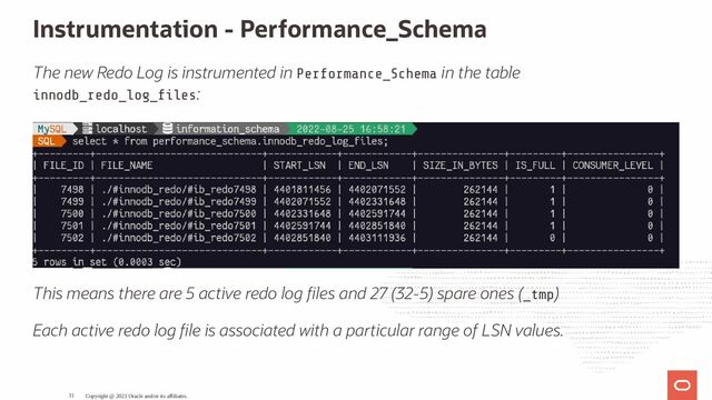Instrumentation - Performance_Schema
The new Redo Log is instrumented in Performance_Schema in the table
innodb_redo_log_ les:
This means there are 5 active redo log les and 27 (32-5) spare ones (_tmp)
Each active redo log le is associated with a particular range of LSN values.
Copyright @ 2023 Oracle and/or its affiliates.
31
