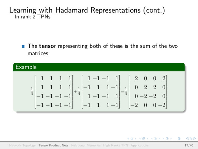 Learning with Hadamard Representations (cont.)
In rank 2 TPNs
The tensor representing both of these is the sum of the two
matrices:
Example
1
4













1 1 1 1
1 1 1 1
−1 −1 −1 −1
−1 −1 −1 −1













+
1
4













1 −1 −1 1
−1 1 1 −1
1 −1 −1 1
−1 1 1 −1













=
1
4













2 0 0 2
0 2 2 0
0 −2 −2 0
−2 0 0 −2













Network Topology Tensor Product Nets Relational Memories High Ranks TPN Applications 17/40
