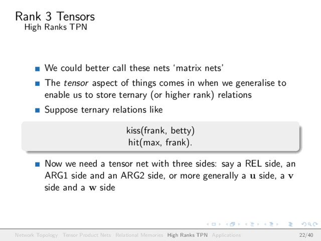 Rank 3 Tensors
High Ranks TPN
We could better call these nets ‘matrix nets’
The tensor aspect of things comes in when we generalise to
enable us to store ternary (or higher rank) relations
Suppose ternary relations like
kiss(frank, betty)
hit(max, frank).
Now we need a tensor net with three sides: say a REL side, an
ARG1 side and an ARG2 side, or more generally a u side, a v
side and a w side
Network Topology Tensor Product Nets Relational Memories High Ranks TPN Applications 22/40
