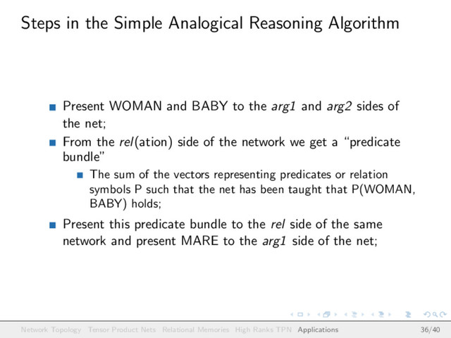 Steps in the Simple Analogical Reasoning Algorithm
Present WOMAN and BABY to the arg1 and arg2 sides of
the net;
From the rel(ation) side of the network we get a “predicate
bundle”
The sum of the vectors representing predicates or relation
symbols P such that the net has been taught that P(WOMAN,
BABY) holds;
Present this predicate bundle to the rel side of the same
network and present MARE to the arg1 side of the net;
Network Topology Tensor Product Nets Relational Memories High Ranks TPN Applications 36/40
