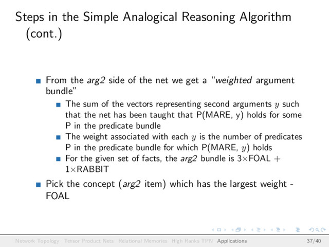 Steps in the Simple Analogical Reasoning Algorithm
(cont.)
From the arg2 side of the net we get a “weighted argument
bundle”
The sum of the vectors representing second arguments y such
that the net has been taught that P(MARE, y) holds for some
P in the predicate bundle
The weight associated with each y is the number of predicates
P in the predicate bundle for which P(MARE, y) holds
For the given set of facts, the arg2 bundle is 3×FOAL +
1×RABBIT
Pick the concept (arg2 item) which has the largest weight -
FOAL
Network Topology Tensor Product Nets Relational Memories High Ranks TPN Applications 37/40
