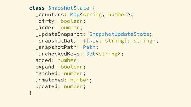 class SnapshotState {
_counters: Map;
_dirty: boolean;
_index: number;
_updateSnapshot: SnapshotUpdateState;
_snapshotData: {[key: string]: string};
_snapshotPath: Path;
_uncheckedKeys: Set;
added: number;
expand: boolean;
matched: number;
unmatched: number;
updated: number;
}
