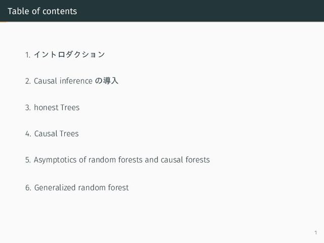 Table of contents
1. イントロダクション
2. Causal inference の導入
3. honest Trees
4. Causal Trees
5. Asymptotics of random forests and causal forests
6. Generalized random forest
1
