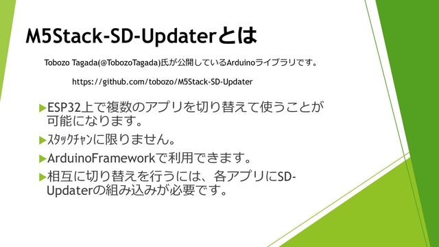 ESP32上で複数のアプリを切り替えて使うことが
可能になります。
ｽﾀｯｸﾁｬﾝに限りません。
ArduinoFrameworkで利用できます。
相互に切り替えを行うには、各アプリにSD-
Updaterの組み込みが必要です。
M5Stack-SD-Updaterとは
https://github.com/tobozo/M5Stack-SD-Updater
Tobozo Tagada(@TobozoTagada)氏が公開しているArduinoライブラリです。
