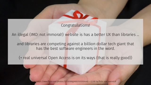 Congratulations!
An illegal (IMO: not immoral!) website is has a better UX than libraries ...
and libraries are competing against a billion dollar tech giant that
has the best software engineers in the word.
(+ real universal Open Access is on its ways (that is really good))
https://www.flickr.com/photos/72153088@N08/6510934443 – CC-BY by flickr user asenat29
