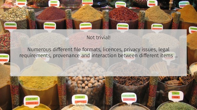 Not trivial!
Numerous different file formats, licences, privacy issues, legal
requirements, provenance and interaction between different items ...
https://www.flickr.com/photos/heydrienne/22078028/ – CC-BY by flick user heydrienne
