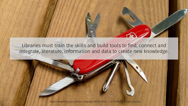 Libraries must train the skills and build tools to find, connect and
integrate, literature, information and data to create new knowledge.
https://www.flickr.com/photos/capcase/4970062156/ – CC-BY by flickr user capcase
