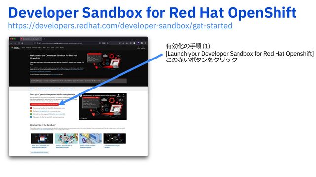 %FWFMPQFS4BOECPYGPS3FE)BU0QFO4IJGU
https://developers.redhat.com/developer-sandbox/get-started
有効化の⼿順 (1)
[Launch your Developer Sandbox for Red Hat Openshift]
この⾚いボタンをクリック
