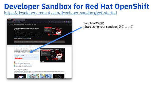 %FWFMPQFS4BOECPYGPS3FE)BU0QFO4IJGU
https://developers.redhat.com/developer-sandbox/get-started
Sandboxの起動
[Start using your sandbox]をクリック
