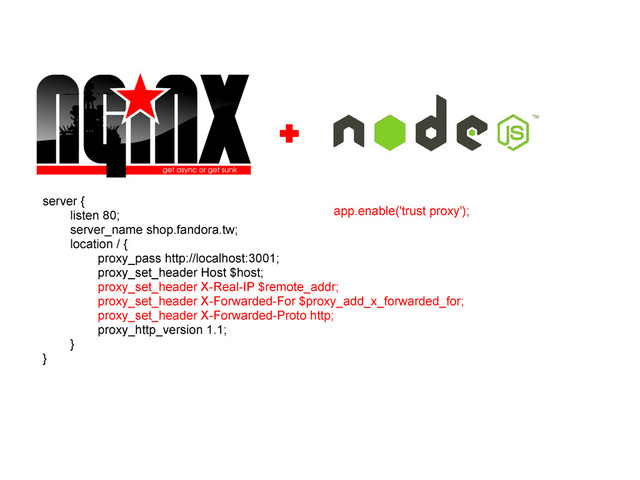 server {
listen 80;
server_name shop.fandora.tw;
location / {
proxy_pass http://localhost:3001;
proxy_set_header Host $host;
proxy_set_header X-Real-IP $remote_addr;
proxy_set_header X-Forwarded-For $proxy_add_x_forwarded_for;
proxy_set_header X-Forwarded-Proto http;
proxy_http_version 1.1;
}
}
app.enable('trust proxy');
