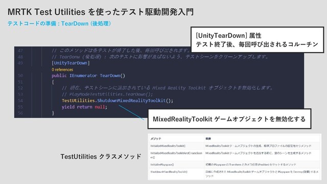 MRTK Test Utilities を使ったテスト駆動開発入門
テストコードの準備 : TearDown (後処理)
MixedRealityToolkit ゲームオブジェクトを無効化する
[UnityTearDown] 属性
テスト終了後、毎回呼び出されるコルーチン
TestUtilities クラスメソッド

