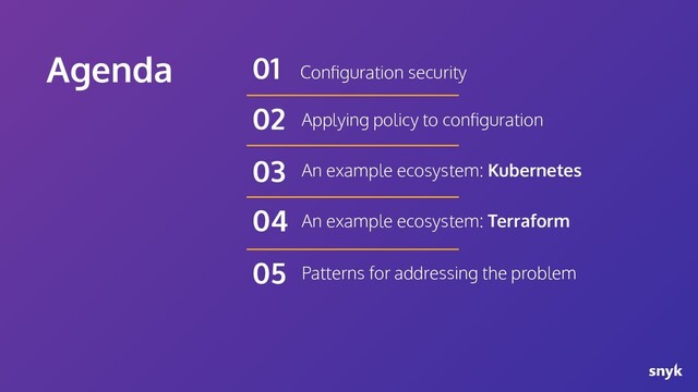 Agenda Conﬁguration security
01
Applying policy to conﬁguration
02
An example ecosystem: Kubernetes
03
An example ecosystem: Terraform
04
Patterns for addressing the problem
05

