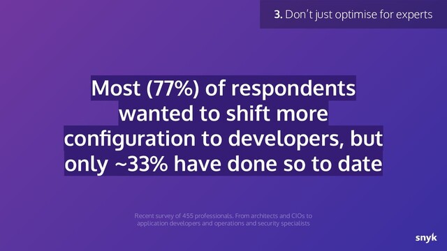 Most (77%) of respondents
wanted to shift more
conﬁguration to developers, but
only ~33% have done so to date
3. Don’t just optimise for experts
Recent survey of 455 professionals. From architects and CIOs to
application developers and operations and security specialists
