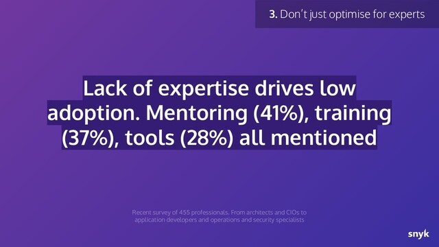 3. Don’t just optimise for experts
Recent survey of 455 professionals. From architects and CIOs to
application developers and operations and security specialists
Lack of expertise drives low
adoption. Mentoring (41%), training
(37%), tools (28%) all mentioned
