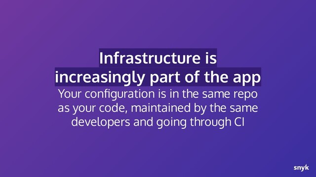Infrastructure is
increasingly part of the app
Your conﬁguration is in the same repo
as your code, maintained by the same
developers and going through CI
