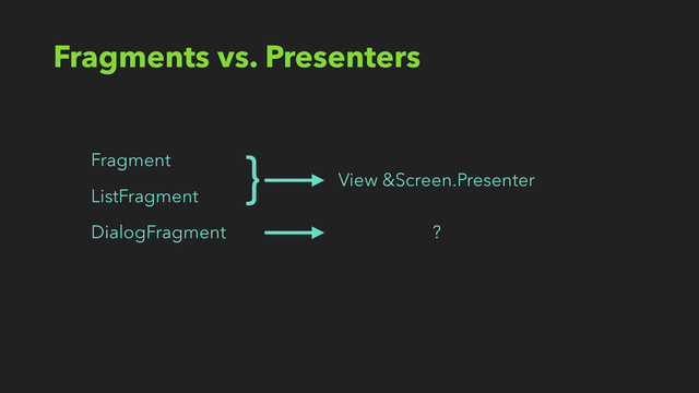 Fragments vs. Presenters
ListFragment
Fragment
DialogFragment
^ View &Screen.Presenter
?
