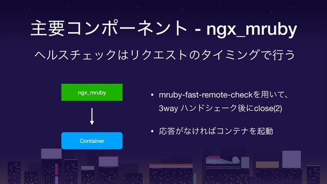 !
ओཁίϯϙʔωϯτ - ngx_mruby
ngx_mruby
Container
• mruby-fast-remote-checkΛ༻͍ͯɺ 
3way ϋϯυγΣʔΫޙʹclose(2)

• Ԡ౴͕ͳ͚Ε͹ίϯςφΛىಈ
ϔϧενΣοΫ͸ϦΫΤετͷλΠϛϯάͰߦ͏
