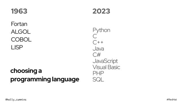 #RedHat
@holly_cummins
choosing a
programming language
1963
Fortan


ALGOL


COBOL


LISP
2023
Python
C
C++
Java
C#
JavaScript
Visual Basic
PHP
SQL

