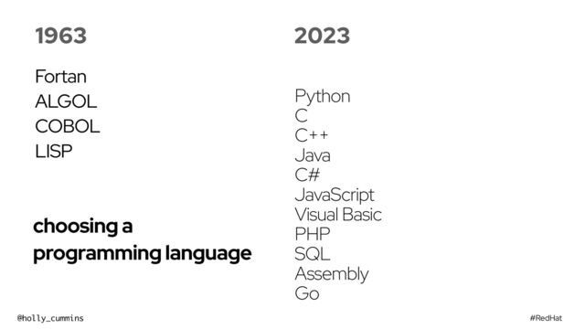 #RedHat
@holly_cummins
choosing a
programming language
1963
Fortan


ALGOL


COBOL


LISP
2023
Python
C
C++
Java
C#
JavaScript
Visual Basic
PHP
SQL
Assembly
Go
