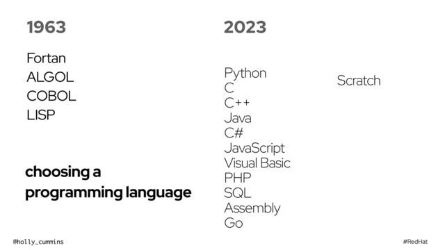 #RedHat
@holly_cummins
choosing a
programming language
1963
Fortan


ALGOL


COBOL


LISP
2023
Python
C
C++
Java
C#
JavaScript
Visual Basic
PHP
SQL
Assembly
Go
Scratch

