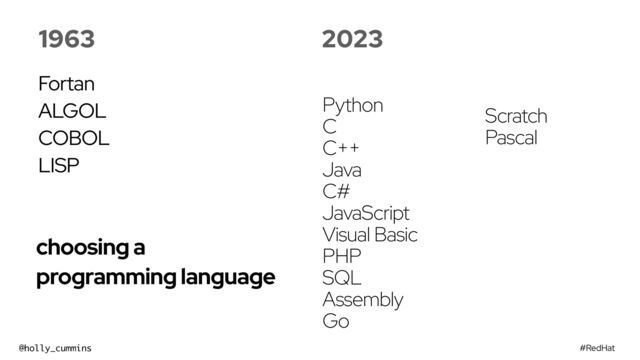 #RedHat
@holly_cummins
choosing a
programming language
1963
Fortan


ALGOL


COBOL


LISP
2023
Python
C
C++
Java
C#
JavaScript
Visual Basic
PHP
SQL
Assembly
Go
Scratch
Pascal
