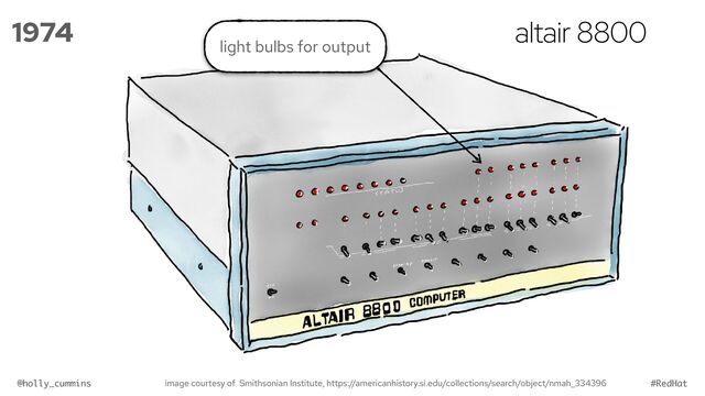 @holly_cummins #RedHat
1974
image courtesy of Smithsonian Institute, https://americanhistory.si.edu/collections/search/object/nmah_334396
altair 8800
light bulbs for output
