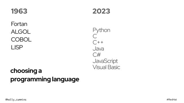 #RedHat
@holly_cummins
choosing a
programming language
1963
Fortan


ALGOL


COBOL


LISP
2023
Python
C
C++
Java
C#
JavaScript
Visual Basic
