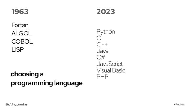 #RedHat
@holly_cummins
choosing a
programming language
1963
Fortan


ALGOL


COBOL


LISP
2023
Python
C
C++
Java
C#
JavaScript
Visual Basic
PHP
