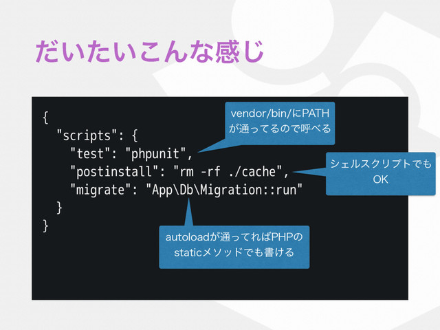 ͍͍ͩͨ͜Μͳײ͡
{
"scripts": {
"test": "phpunit",
"postinstall": "rm -rf ./cache",
"migrate": "App\Db\Migration::run"
}
}
WFOEPSCJOʹ1"5)
͕௨ͬͯΔͷͰݺ΂Δ
γΣϧεΫϦϓτͰ΋
0,
BVUPMPBE͕௨ͬͯΕ͹1)1ͷ
TUBUJDϝιουͰ΋ॻ͚Δ
