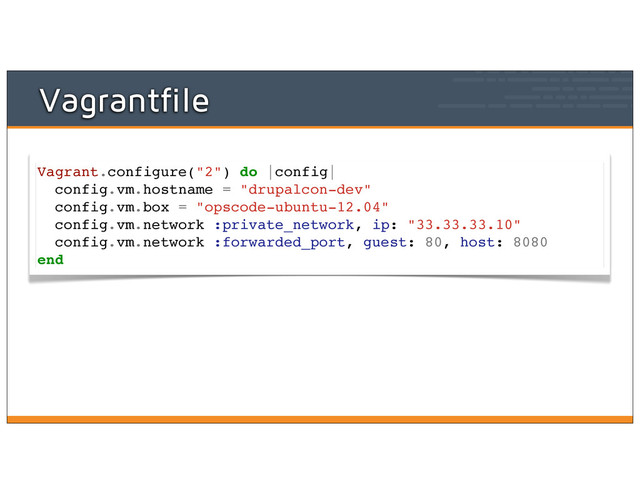 Vagrantfile
Vagrant.configure("2") do |config|
config.vm.hostname = "drupalcon-dev"
config.vm.box = "opscode-ubuntu-12.04"
config.vm.network :private_network, ip: "33.33.33.10"
config.vm.network :forwarded_port, guest: 80, host: 8080
end
