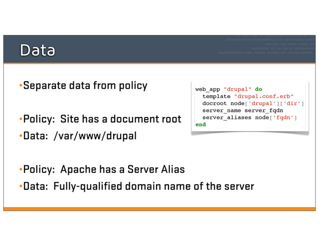 Data
•Separate data from policy
•Policy: Site has a document root
•Data: /var/www/drupal
•Policy: Apache has a Server Alias
•Data: Fully-qualified domain name of the server
web_app "drupal" do
template "drupal.conf.erb"
docroot node['drupal']['dir']
server_name server_fqdn
server_aliases node['fqdn']
end
