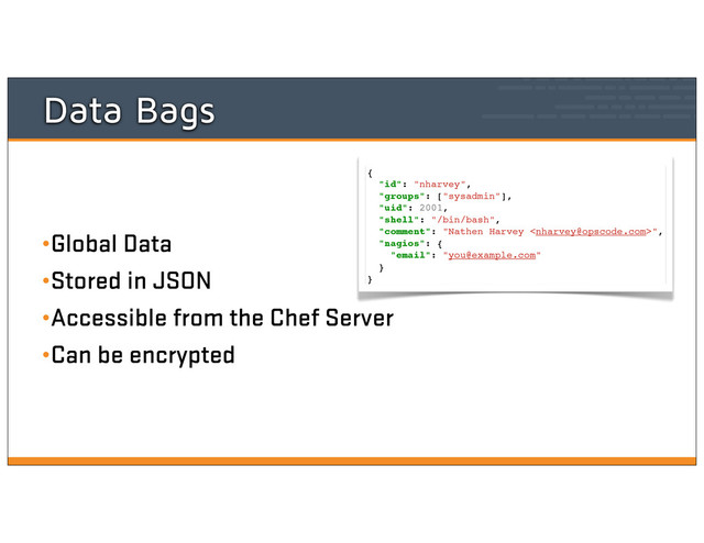 Data Bags
•Global Data
•Stored in JSON
•Accessible from the Chef Server
•Can be encrypted
{
"id": "nharvey",
"groups": ["sysadmin"],
"uid": 2001,
"shell": "/bin/bash",
"comment": "Nathen Harvey ",
"nagios": {
"email": "you@example.com"
}
}

