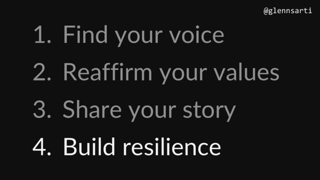 1. Find your voice
2. Reaffirm your values
3. Share your story
4. Build resilience
@glennsarti
