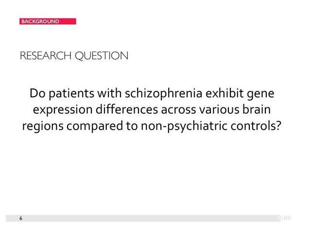 BACKGROUND
6
RESEARCH QUESTION
Do patients with schizophrenia exhibit gene
expression differences across various brain
regions compared to non-psychiatric controls?

